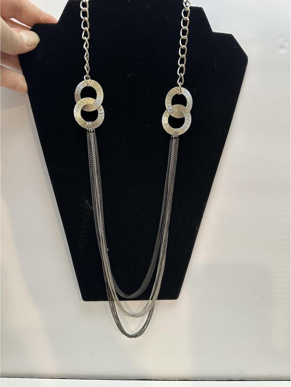 Vintage Necklace Multi-Strand Black and Silver Tone Chain
